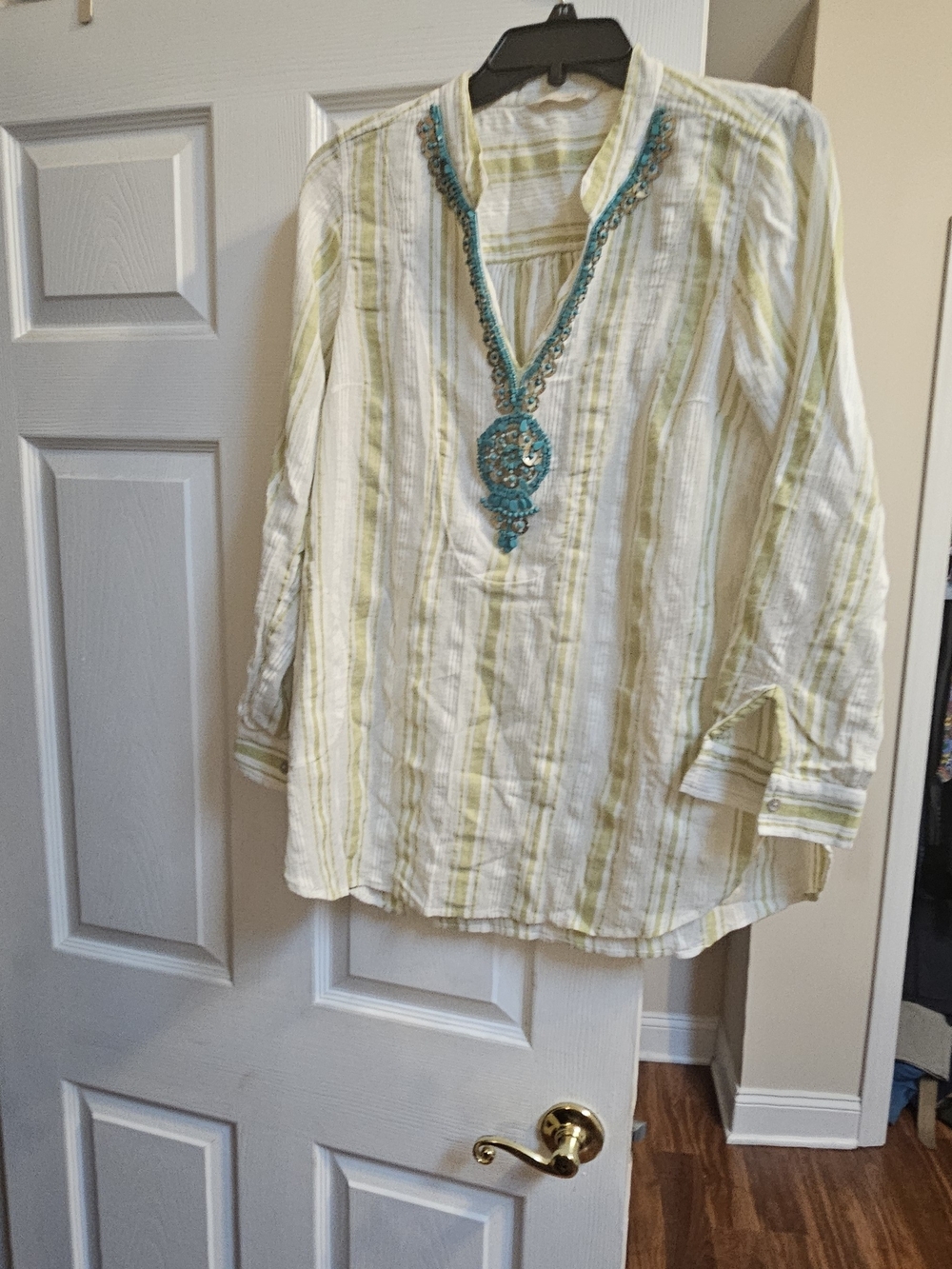 Soft Surroundings White and Light Green Striped Tunic with Turquoise Embroidery